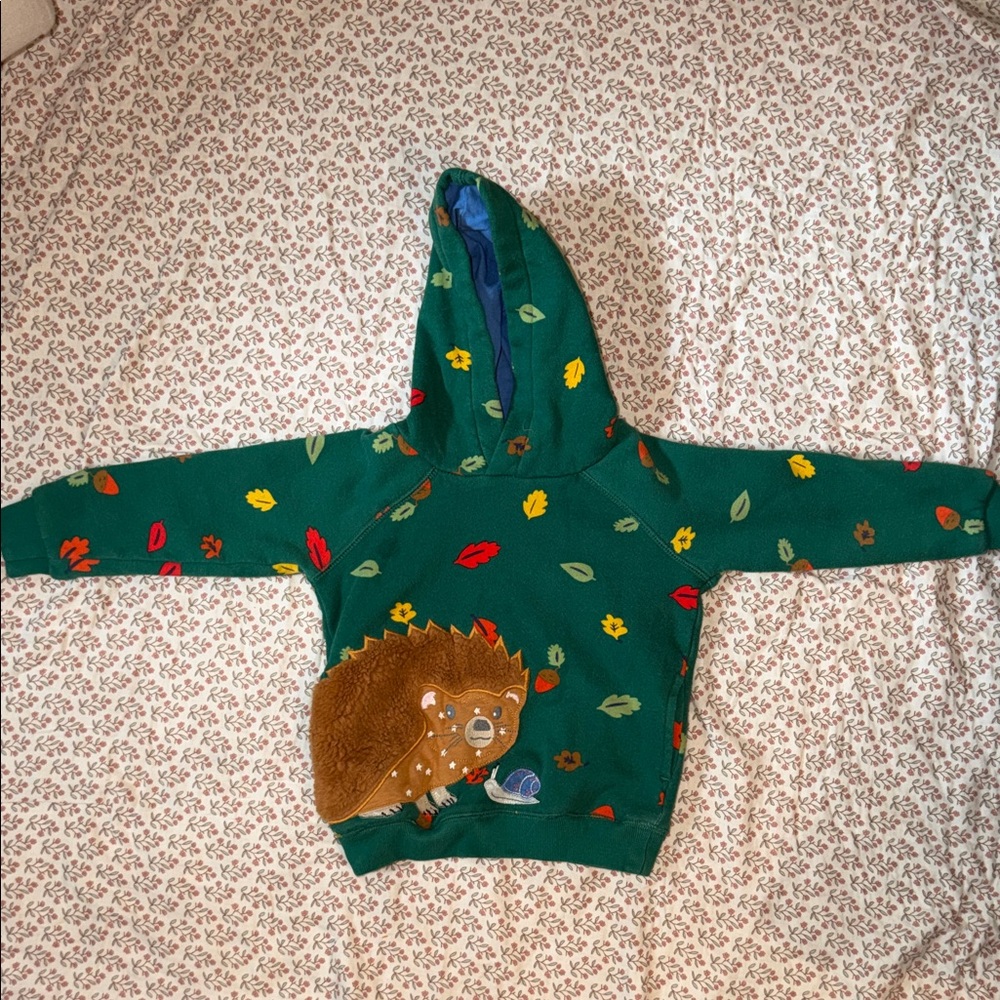 Mini Boden Green Hoodie with Hedgehog Applique